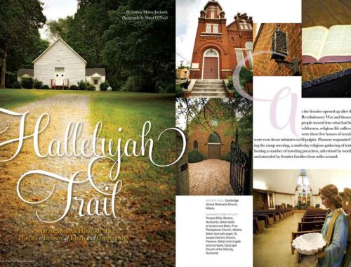 A magazine cover spread in American Heritage Magazine story on the North Alabama Hallelujah Trail with multiple pictures of churches.