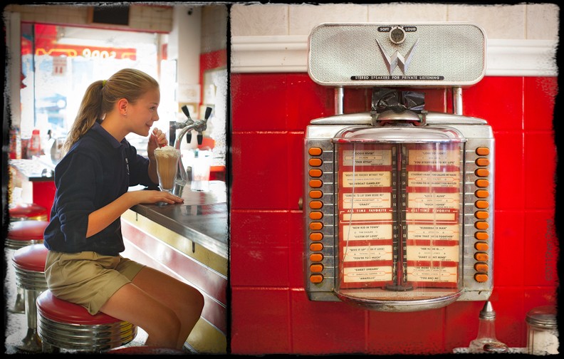 Girl drinking shake at Elliston Soda shop