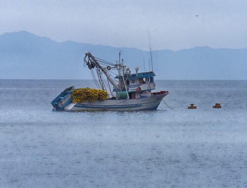 Fishing boats off the coast of Isla de la Plata island in the South Pacific Ocean, Ecuador