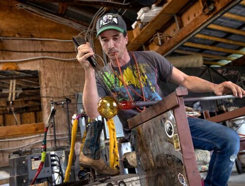 blowing glass and using jacks tool, glassblower, Michael Allison, The Creative Push