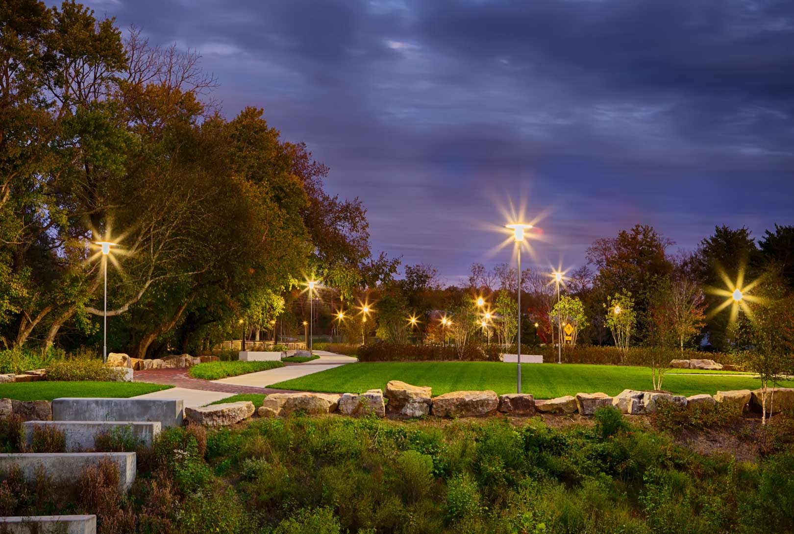 Tennessee Bicentennial Park park and urban railroad path at sunset