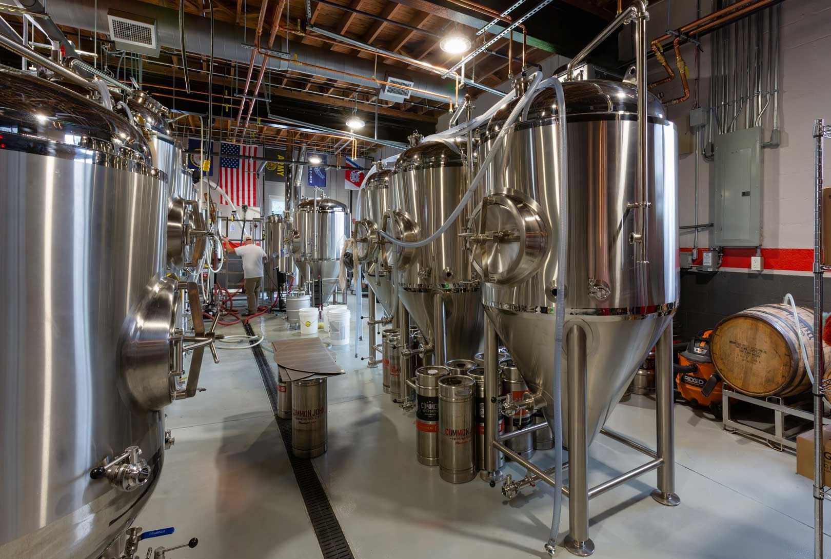 beer fermentation tanks at a distillery