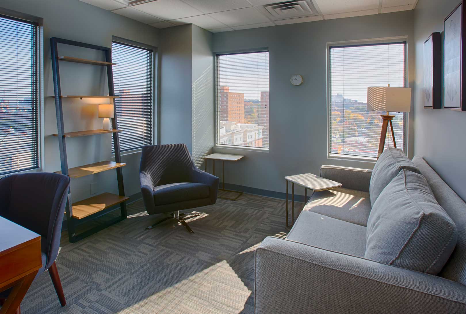 couch and chairs near windows in a private minimalistic therapy space