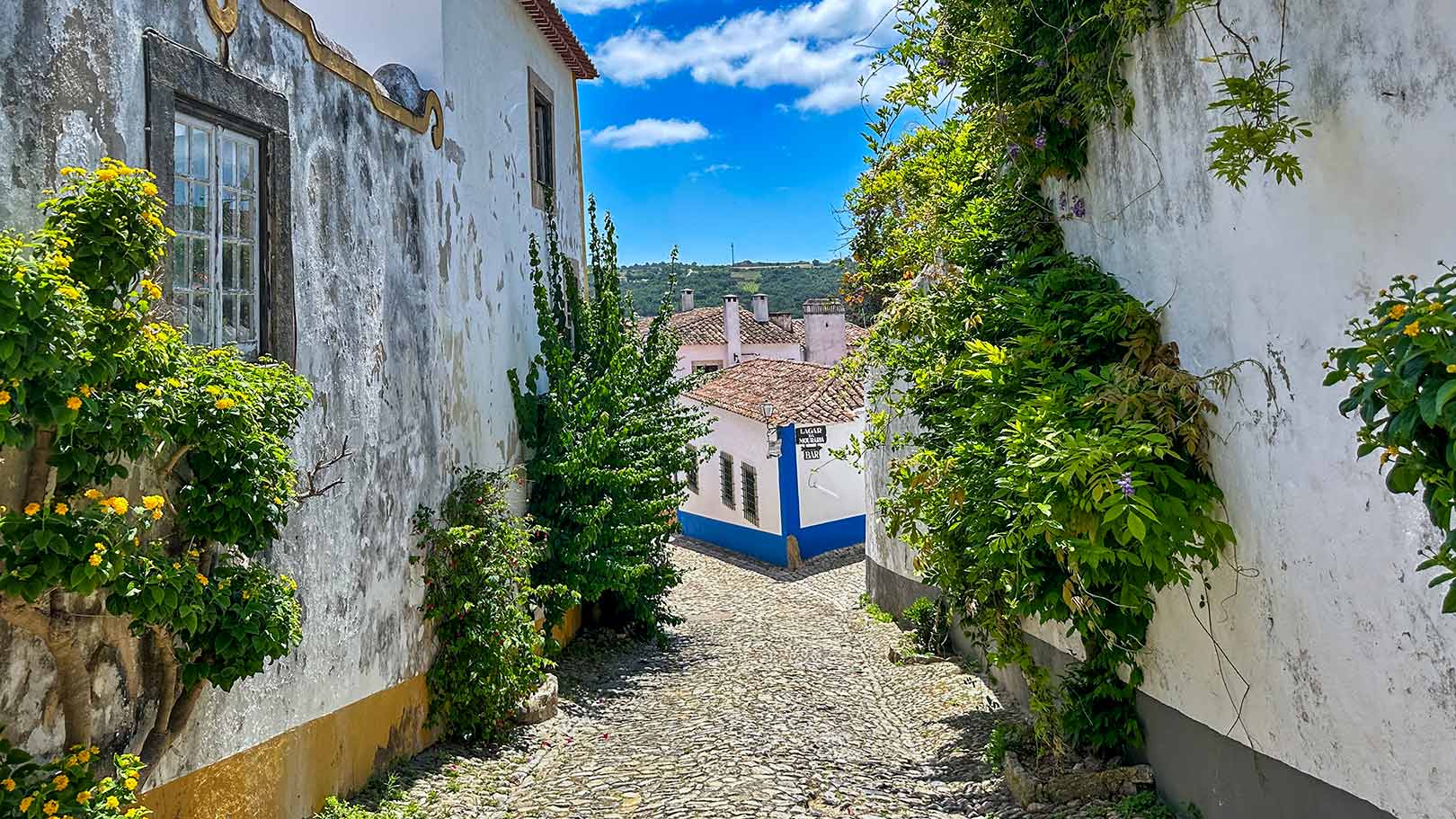 Narrow cobblestone street between whitewashed walls with green vines, leading to a house with a red-tiled roof under a blue sky.
