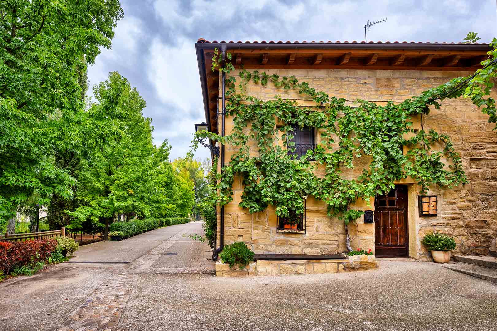 A Spanish home entry of stone with vines growing along its walls on a small walkway with green vegetation off in the distance.