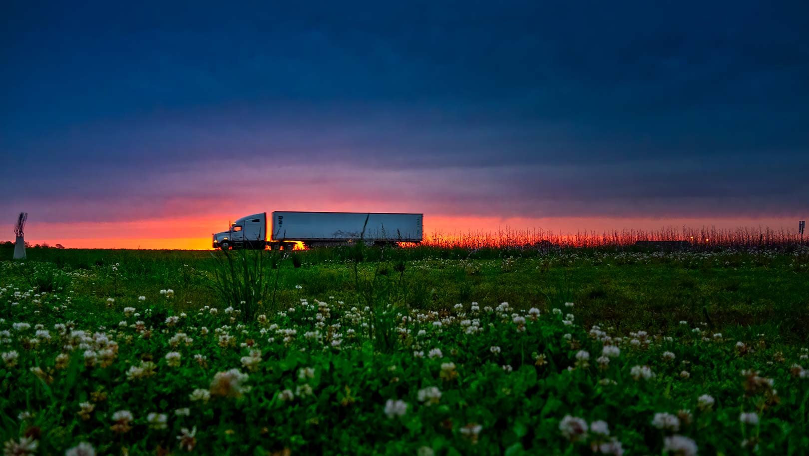 A semi-truck drives on a road at sunset with a field of flowers in the foreground and a dark, cloudy sky above.