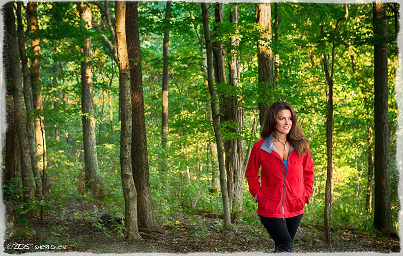 Fabulous Women over 40, Payge McMahon, adventure athlete, motivational speaker, journalist, and yoga instructor at Percy Warner Park in red on a hiking trail
